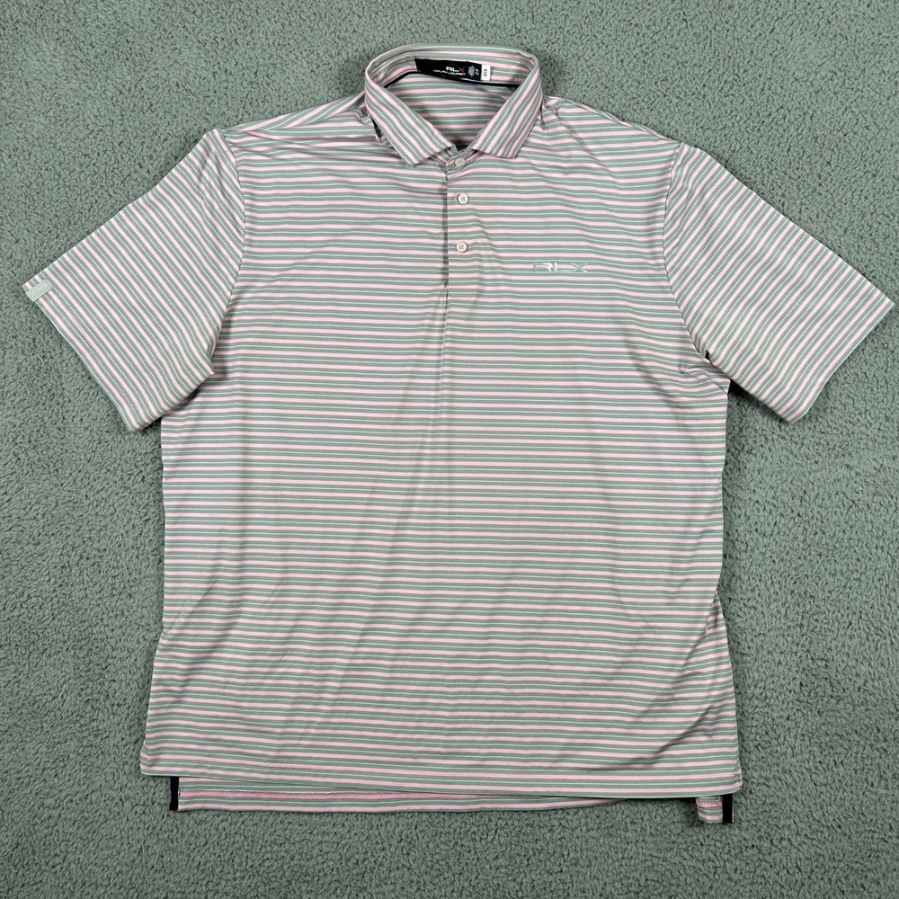 RLX Ralph Lauren XXL Golf Polo Shirt Striped Pink Gray Short Sleeve‎ Mens